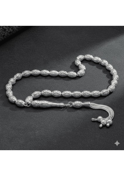 3 Lü Kamçı Püsküllü Petek Tasarım Arpa Kesim Gümüş Renk 925 Ayar Gümüş Tesbih modelleri