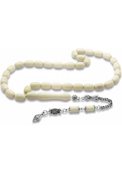 Kararmaz Metal Kral Zincir Püsküllü Tombul Kapsül Kesim Naturel Renk Deve Kemiği Tesbih