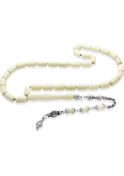 Kararmaz Metal Kral Zincir Püsküllü Uçlu Kapsül Kesim Naturel Renk Deve Kemiği Tesbih