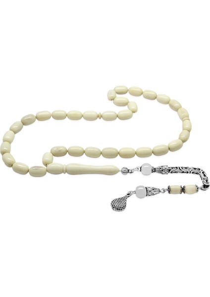 925 Ayar Gümüş Kral Zincir Püsküllü Tombul Kapsül Kesim Naturel Renk Deve Kemiği Tesbih