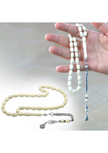 925 Ayar Gümüş Kral Zincir Püsküllü Tombul Kapsül Kesim Naturel Renk Deve Kemiği Tesbih fiyatları