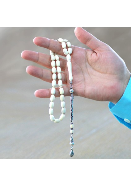 925 Ayar Gümüş Kral Zincir Püsküllü Tombul Kapsül Kesim Naturel Renk Deve Kemiği Tesbih modelleri