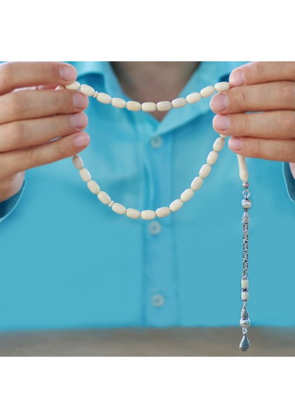 925 Ayar Gümüş Kral Zincir Püsküllü Tombul Kapsül Kesim Naturel Renk Deve Kemiği Tesbih fırsatları