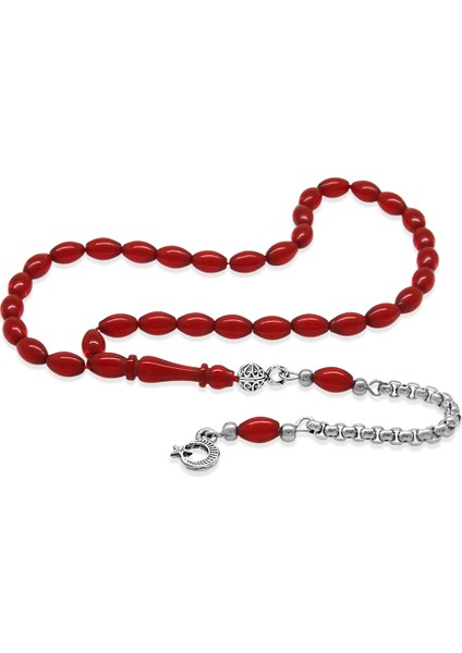 Kararmaz Metal Arnavut Zincir Püsküllü Arpa Kesim Bayrak Mini Boy Kırmızı Ateş Kehribar Tesbih