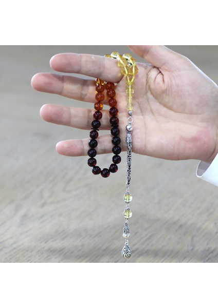 Damla Kehribar Tesbih - 925 Ayar Gümüş Kral Zincirli - Süzme Kırmızı Sarı Renk - Küre Kesim modelleri