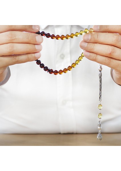 Damla Kehribar Tesbih - 925 Ayar Gümüş Kral Zincirli - Süzme Kırmızı Sarı Renk - Küre Kesim fırsatları