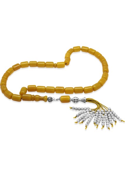 Çubuk Sıkma Kehribar Tesbih - Osmanlı Saray Püsküllü - Sarı Renk - Kapsül Kesim