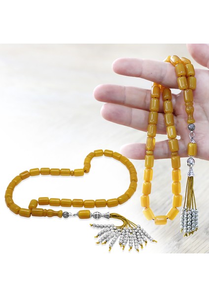 Çubuk Sıkma Kehribar Tesbih - Osmanlı Saray Püsküllü - Sarı Renk - Kapsül Kesim fiyatları