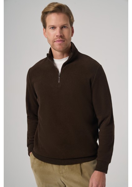 Erkek Kahve Fermuarlı Bato Yaka Dynamic Fit Sweatshirt fiyatları