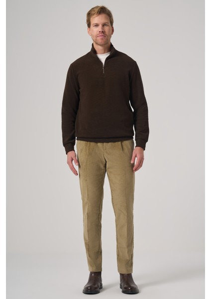 Erkek Kahve Fermuarlı Bato Yaka Dynamic Fit Sweatshirt fırsatları