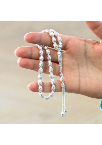 3 Lü Kamçı Püsküllü Petek Tasarım Arpa Kesim Gümüş Renk 925 Ayar Gümüş Tesbih fırsatları