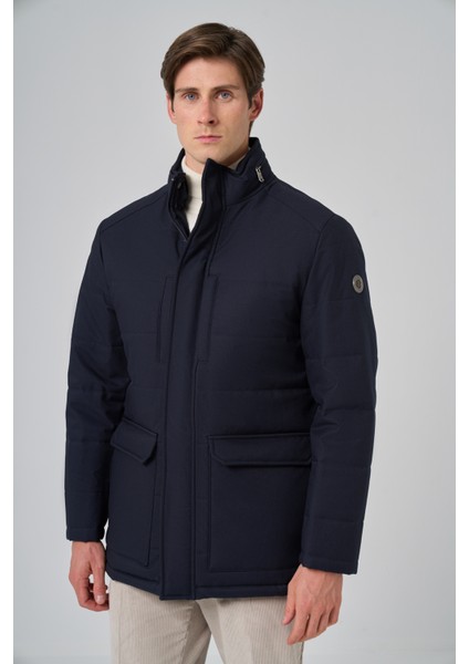 Erkek Lacivert Polyester Çıtçıtlı Kapüşonlu Mont