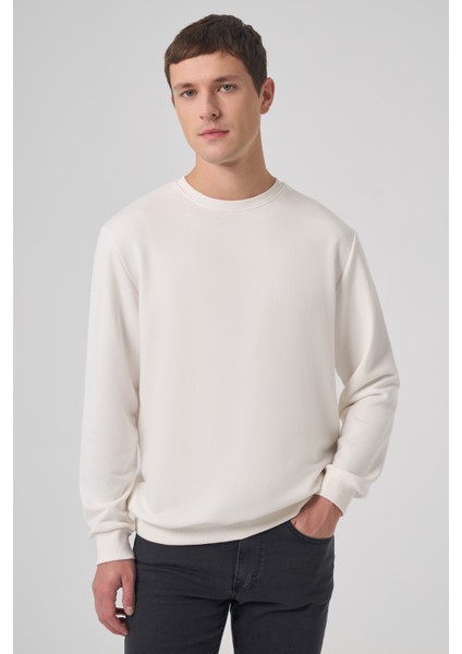 Erkek Ekru Basic Bisiklet Yaka Sweatshirt