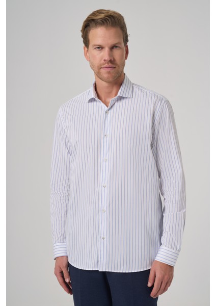 Erkek A. Mavi Pamuk Trend Çizgili Slim Fit Yarım Italyan Yaka Gömlek