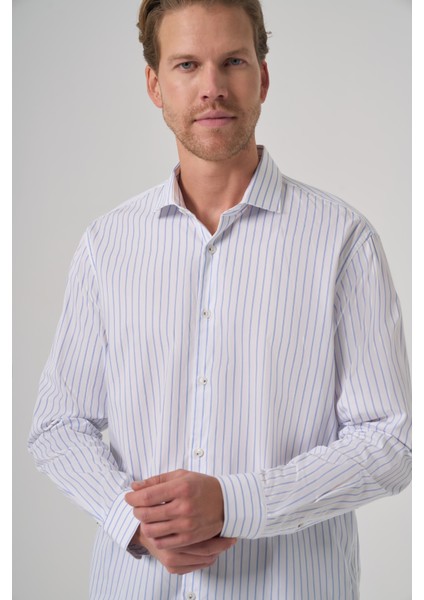 Erkek A. Mavi Pamuk Trend Çizgili Slim Fit Yarım Italyan Yaka Gömlek fiyatları