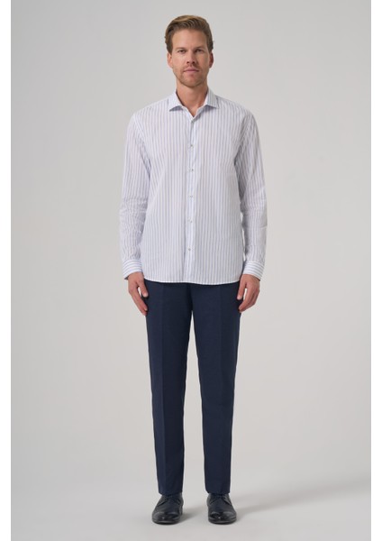 Erkek A. Mavi Pamuk Trend Çizgili Slim Fit Yarım Italyan Yaka Gömlek modelleri