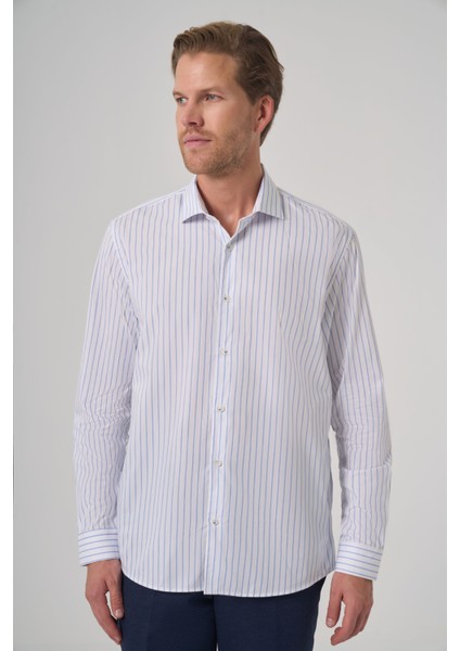 Erkek A. Mavi Pamuk Trend Çizgili Slim Fit Yarım Italyan Yaka Gömlek fırsatları