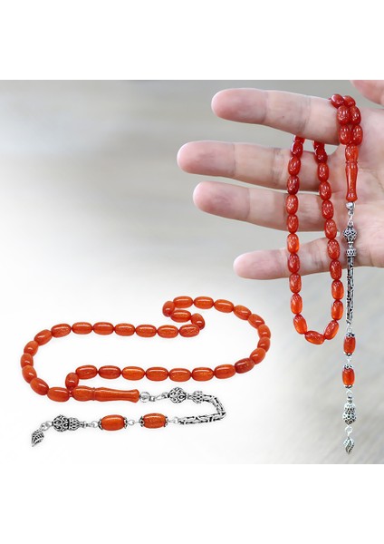 925 Ayar Gümüş Kral Zincir Püsküllü Özel Kesim Sedefli Turuncu Ateş Kehribar Tesbih fiyatları