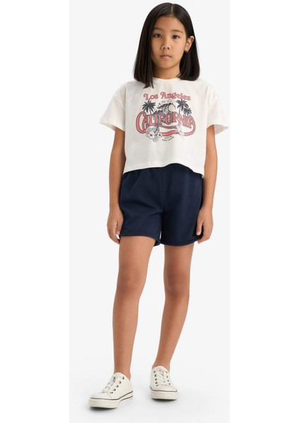 Kız Çocuk Pamuklu 2'li Takım Baskılı Kısa Kollu Tişört Beli Lastikli Şort E7318A825HS