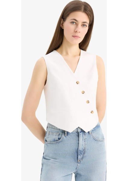 Regular Fit V Yaka Çapraz Düğmeli Tensel Blazer Yelek D4568AX25SP