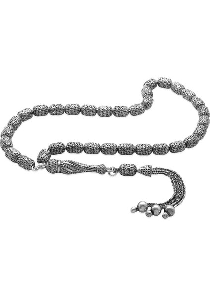 3 Lü Kamçı Püsküllü Imamesi Çeşmi Bülbül Detaylı Kapsül Kesim Eskitme Renk 925 Ayar Gümüş Tesbih