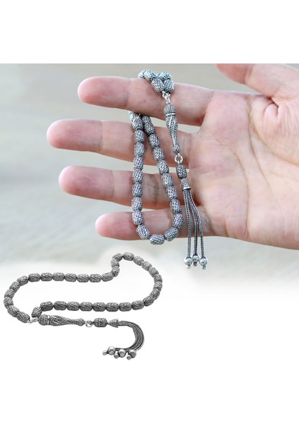 3 Lü Kamçı Püsküllü Imamesi Çeşmi Bülbül Detaylı Kapsül Kesim Eskitme Renk 925 Ayar Gümüş Tesbih fiyatları