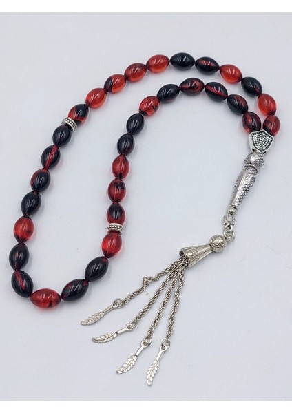 Alpaka Püsküllü Arpa Kesim Ateş Kehribar Tespih (Ahşap Kutulu)