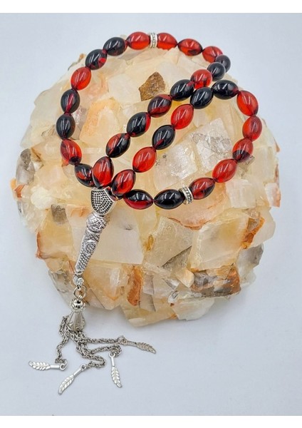 Alpaka Püsküllü Arpa Kesim Ateş Kehribar Tespih (Ahşap Kutulu) fiyatları