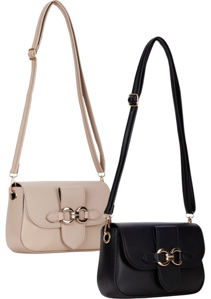 2'li Kadın Çanta Paketi Kapaklı Çapraz Askılı Bej ve Siyah Omuz Çantası 2 Adet