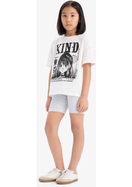 Kız Çocuk Pamuklu 2'li Takım Baskılı Kısa Kollu Tişört Biker Tayt E7317A825HS