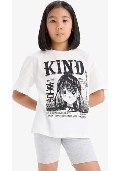 Kız Çocuk Pamuklu 2'li Takım Baskılı Kısa Kollu Tişört Biker Tayt E7317A825HS