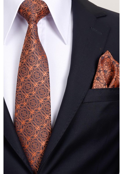 8 cm Klasik Geniş Hand Made Kiremit - Lacivert Motif Desen Mendilli Kravat fiyatları