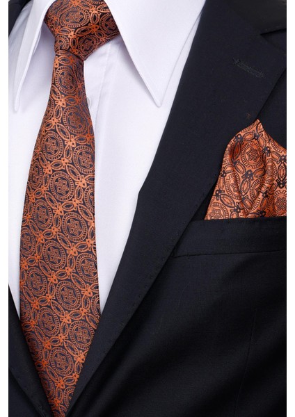 8 cm Klasik Geniş Hand Made Kiremit - Lacivert Motif Desen Mendilli Kravat modelleri