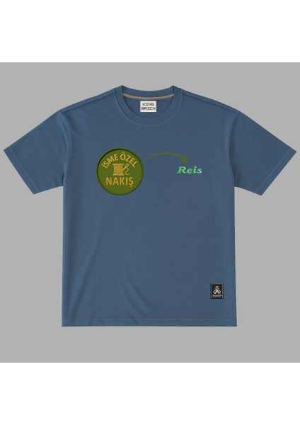 Kişiye Özel Nakışlı Yakası Biyeli Kısa Kollu Bisiklet Yaka Premium Indigo Mavisi Tişört L fırsatları