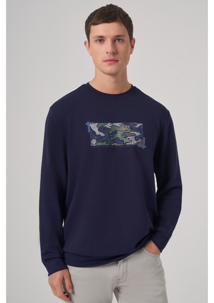 Erkek Lacivert Trend Baskılı Bisiklet Yaka Sweatshirt