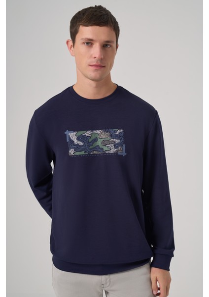 Erkek Lacivert Trend Baskılı Bisiklet Yaka Sweatshirt fiyatları