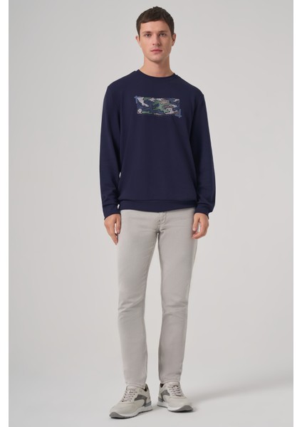 Erkek Lacivert Trend Baskılı Bisiklet Yaka Sweatshirt fırsatları