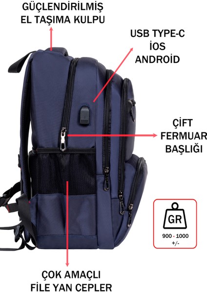 Erkek Sırt Çantası Okul Iş Günlük Kullanım USB Girişli Ortopedik Sırt ve Omuz Askısı 14-15,6 Inç fırsatları