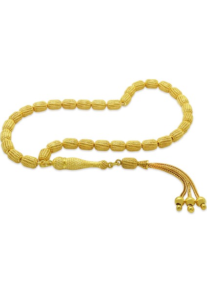 3 Lü Kamçı Top Püsküllü Telkari Tasarım Kapsül Kesim Altın Renk 925 Ayar Gümüş Tesbih