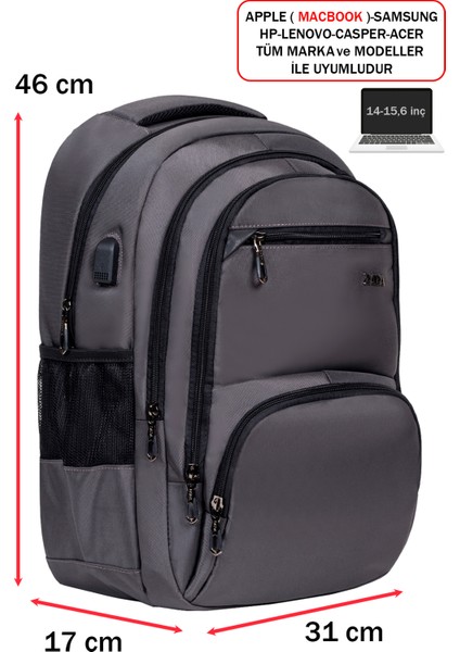 Erkek Sırt Çantası Okul Iş Günlük Kullanım USB Girişli Ortopedik Sırt ve Omuz Askısı 14-15,6 Inç modelleri