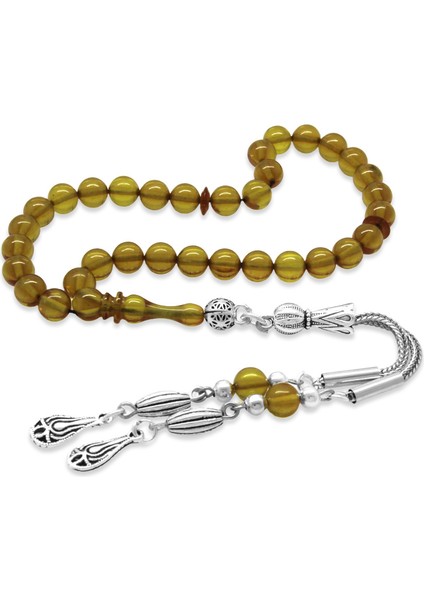 Kararmaz Metal Püsküllü Küre Kesim Bilek Boy Sarı Ateş Kehribar Tesbih