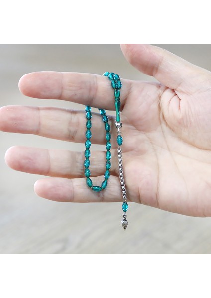 Ateş Kehribar Tesbih - Kararmaz Metal Püsküllü - Mini Boy - Şeffaf Turkuaz - Arpa Kesim modelleri