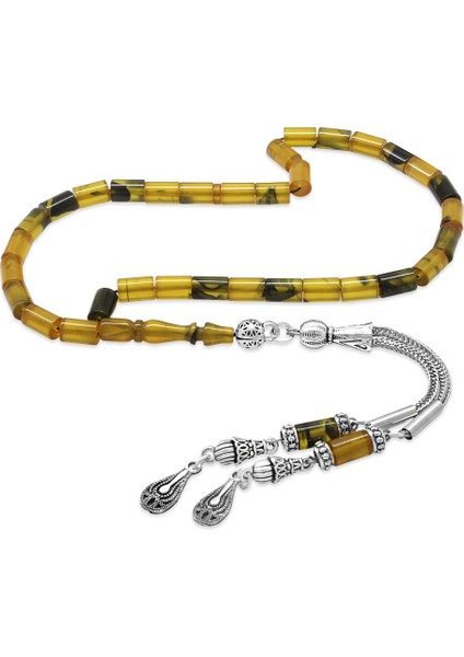 Ateş Kehribar Tesbih - Kararmaz Metal Damla Püsküllü - Sarı Siyah - Mini Boy - Kesme Kesim