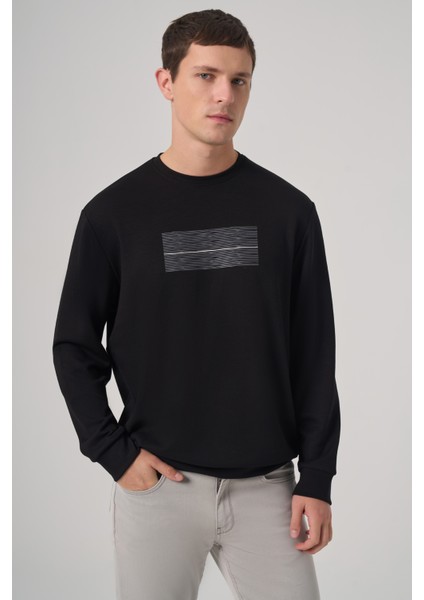 Erkek Siyah Trend Baskılı Bisiklet Yaka Sweatshirt