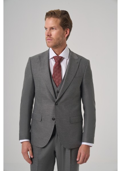 Erkek Gri Poliviskon Trend Çizgili Slim Fit Sivri Yaka Takım Elbise