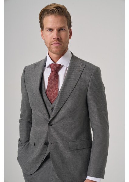 Erkek Gri Poliviskon Trend Çizgili Slim Fit Sivri Yaka Takım Elbise fiyatları