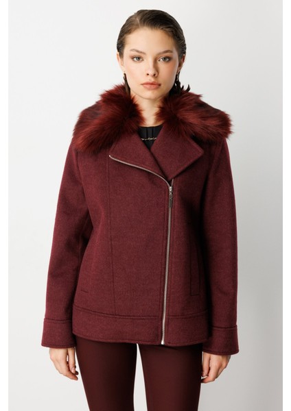 Kadın Yakası Kürklü Kruvaze Mont 6085 Bordo
