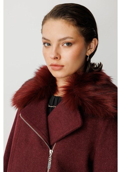 Kadın Yakası Kürklü Kruvaze Mont 6085 Bordo fiyatları