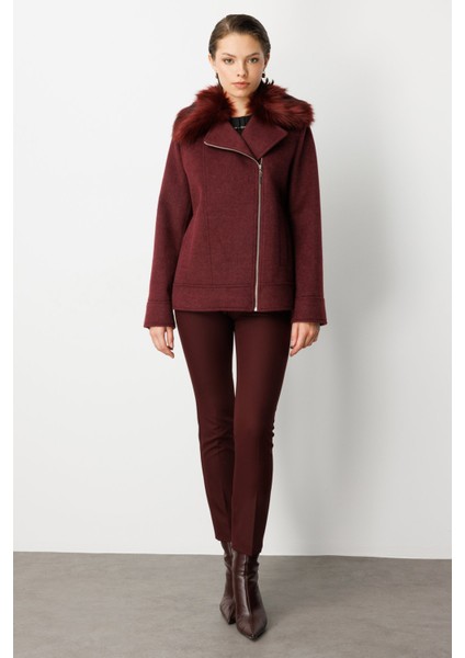 Kadın Yakası Kürklü Kruvaze Mont 6085 Bordo modelleri