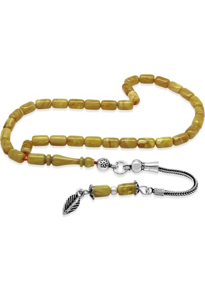 Ateş Kehribar Tesbih - 925 Ayar Gümüş Zincir Püsküllü - Mini Boy - Sarı Beyaz Renk - Kapsül Kesim